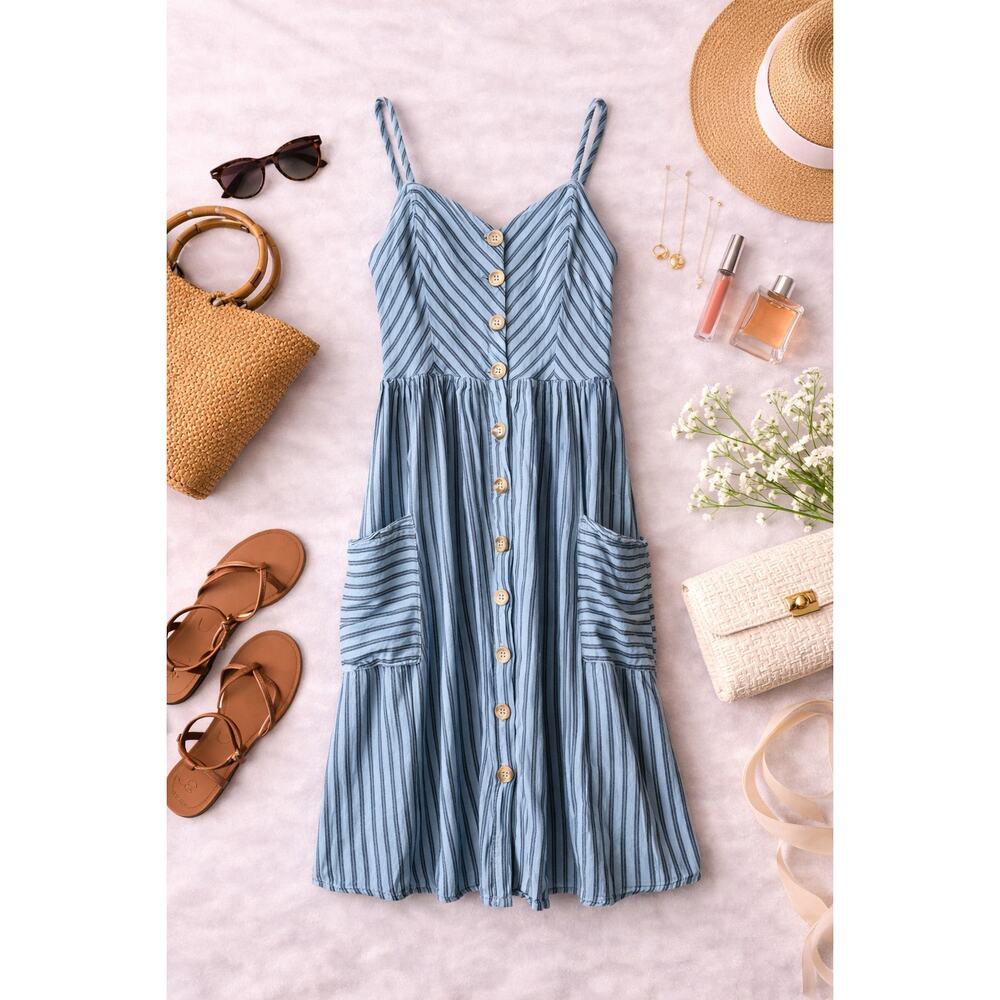 UO Cooperative Women's Blue Striped Button Front Midi Dress Pockets Linen Size L